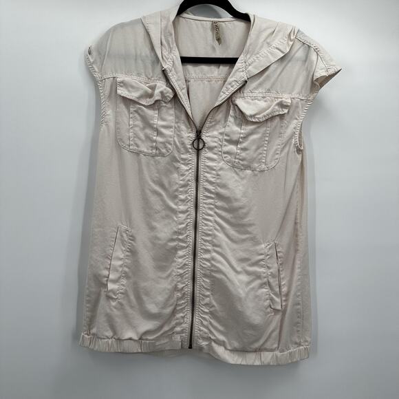 XCVI Vest Womens XS Beige Hooded Sleeveless 100% Tencel Utility Zip Pockets - Picture 1 of 12